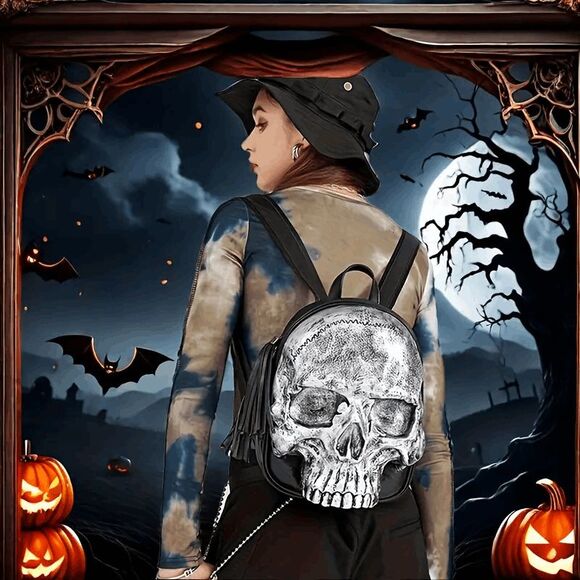3D Embossed Skull Backpack - Women's Fashion Punk Street-Style Shoulder Bag - Picture 2 of 7